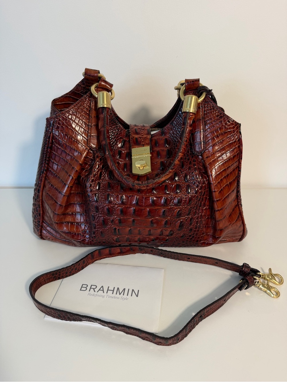 Brahmin Elisa Pecan Croc-Embossed Leather Handbag Gold Hardware shoulder bag